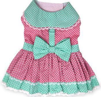 Doggie Design -  Polka Dog and Lace Dog Dress with Matching Leash - Pink & Teal For Cheap